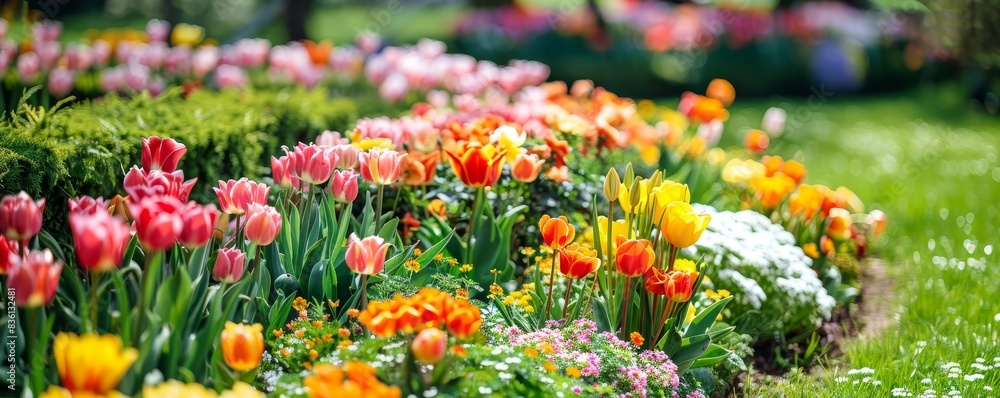 Colorful flower garden in full bloom with tulips and various flowers, captured on a sunny day. Perfect for spring and nature-themed designs.