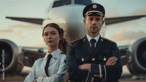 Confident Pilot and Co-Pilot Standing Before Commercial Airplane at Dusk
