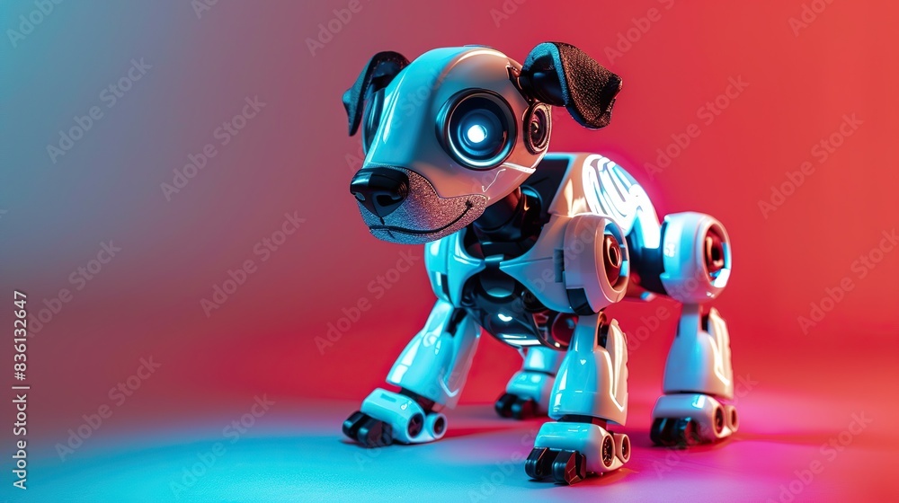 Blue toy dog robot sculpture on a red background Blue toy dog robot sculpture on a red background