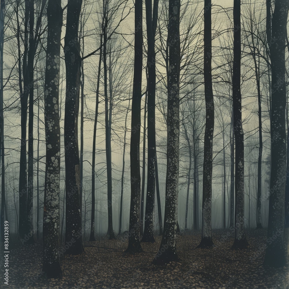 Fototapeta premium Eerie forest scene with tall, bare trees in dense fog, creating a mysterious and atmospheric landscape.