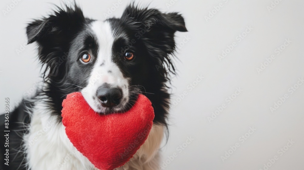 Adorable Black and White Dog Holding a Red Heart Shaped Toy Adorable Black and White Dog Holding a Red Heart Shaped Toy