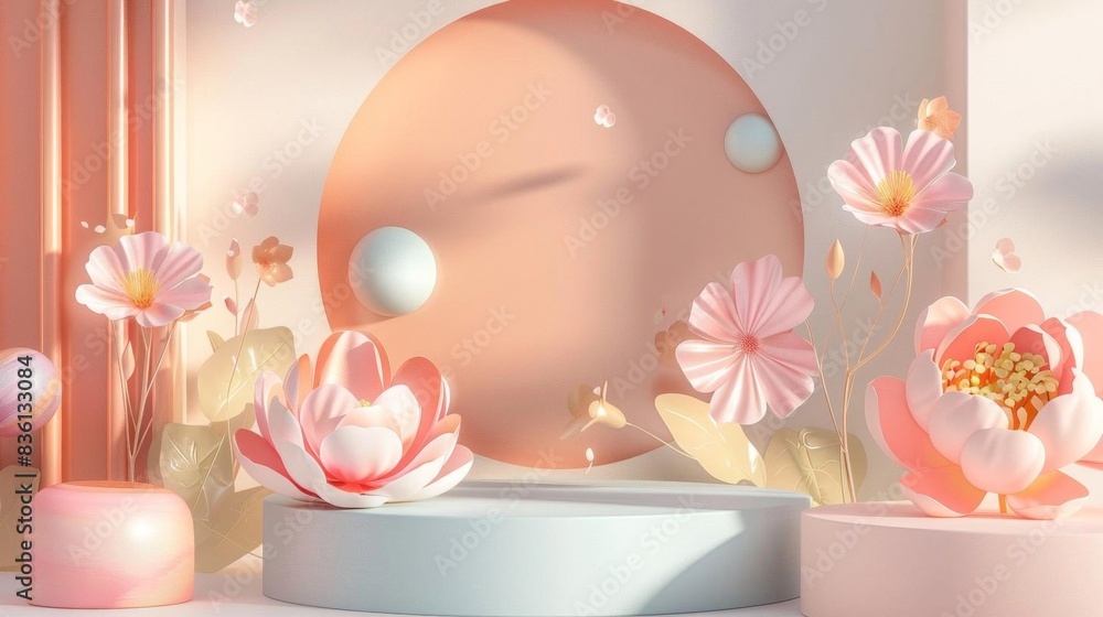 Abstract pastel floral scene with pink flowers and geometric shapes, ideal for backgrounds and artistic design projects. Abstract pastel floral scene with pink flowers and geometric shapes, ideal for backgrounds and artistic design projects.