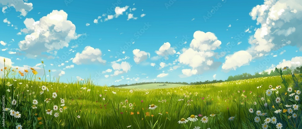 Fototapeta premium Wide open field landscape with rolling hills and wildflowers under a bright blue sky with puffy clouds, hand drawn style.