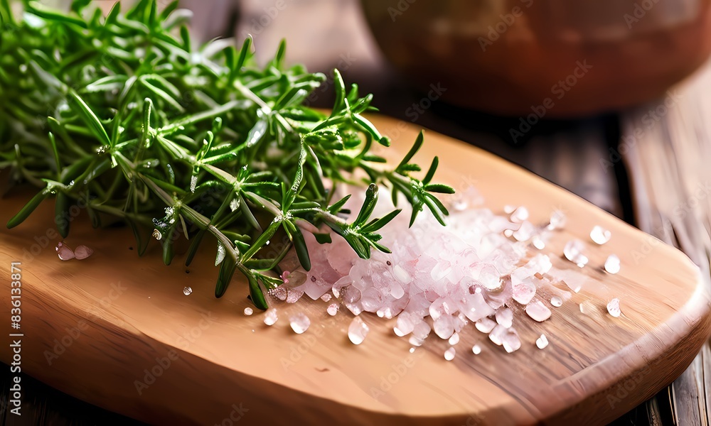 Overhead photography of fresh thyme scattered pot of pink himalayan salt adjacent on a wooden cutting board, Ai Generated Overhead photography of fresh thyme scattered pot of pink himalayan salt adjacent on a wooden cutting board, Ai Generated