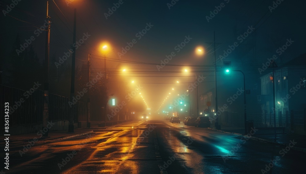 Moody night street scene with misty ambiance, vivid streetlights, and reflections on wet pavement, conveying a sense of solitude and tranquility. Moody night street scene with misty ambiance, vivid streetlights, and reflections on wet pavement, conveying a sense of solitude and tranquility.