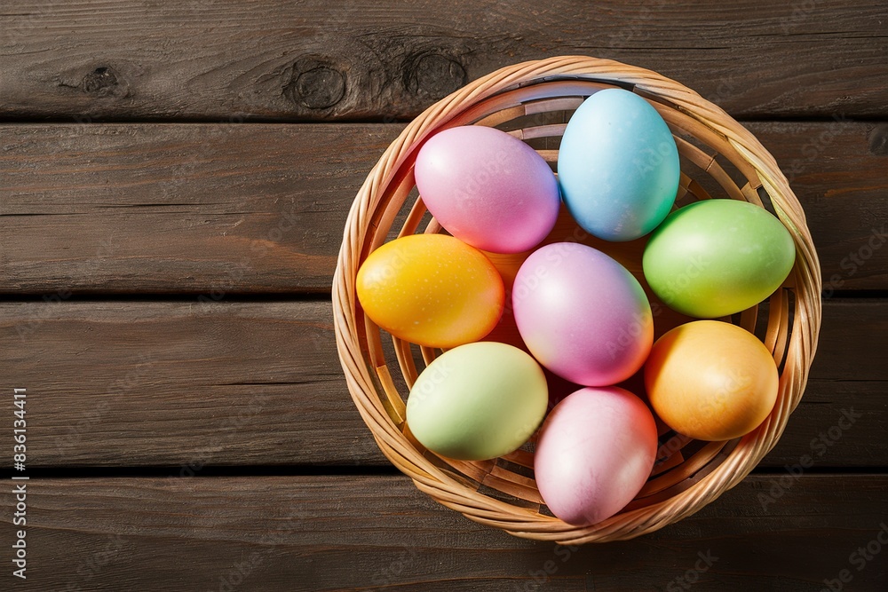 Colorful easter eggs in basket on wooden table Colorful easter eggs in basket on wooden table