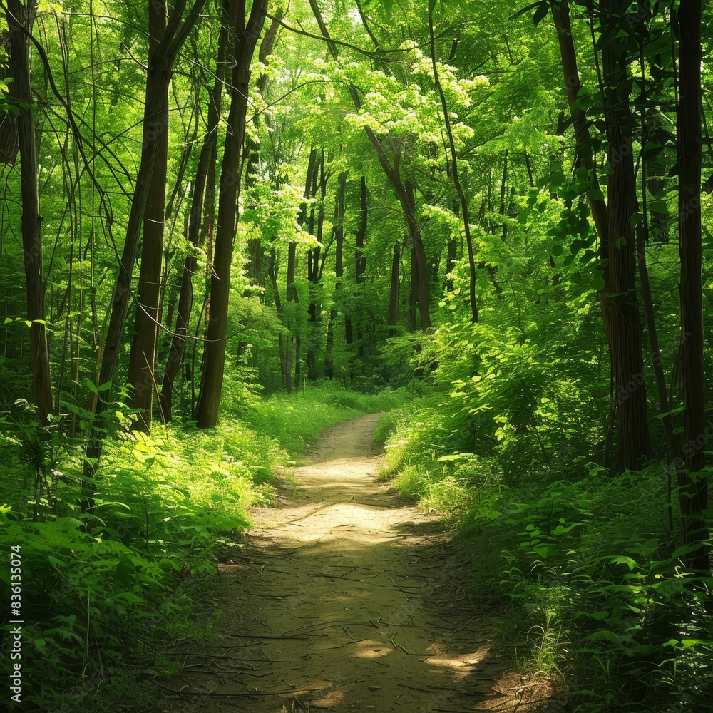 Serene forest pathway bathed in sunlight, surrounded by vibrant green foliage and tall trees, perfect for nature walks and tranquil escapes. Serene forest pathway bathed in sunlight, surrounded by vibrant green foliage and tall trees, perfect for nature walks and tranquil escapes.