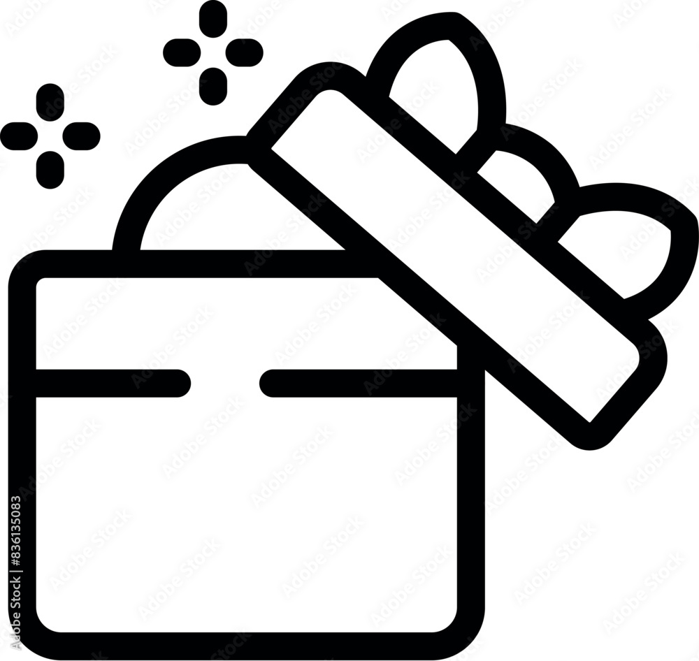 Black and white line art of an open gift box with a bow, representing surprise and celebration Black and white line art of an open gift box with a bow, representing surprise and celebration