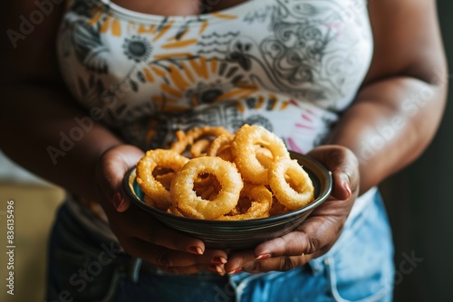 Individual with fuller figure holding a bowl of onion rings photo