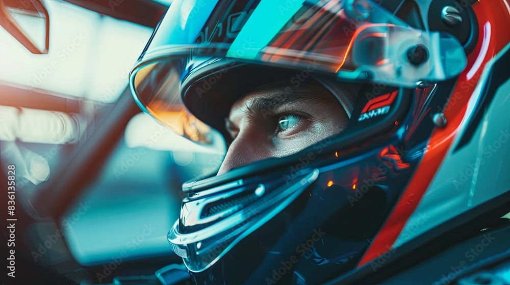 Focused Race Car Driver in Helmet Focused Race Car Driver in Helmet