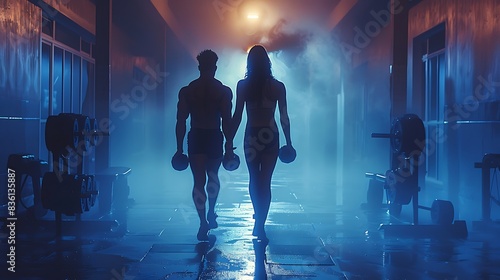  Happy fit pair lunging with dumbbells in a well-lit and organized gym. photo