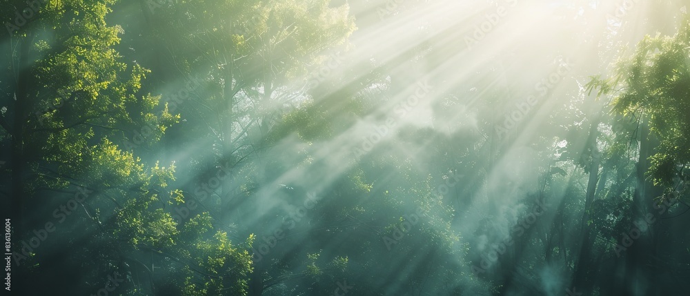 Fototapeta premium Sunlight streaming through lush green trees in a serene forest, creating a magical and peaceful atmosphere with gentle rays of light.
