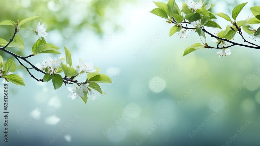 Soft focus photo of blossoming branches with green leaves against a dreamy, blue background. Soft focus photo of blossoming branches with green leaves against a dreamy, blue background.