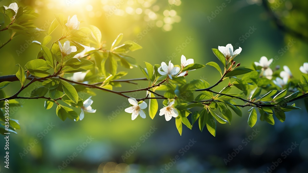 Close-up of blooming apple tree branch with sunlight in background. Close-up of blooming apple tree branch with sunlight in background.