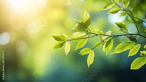 Close-up of green leaves on a branch with sunlight shining through