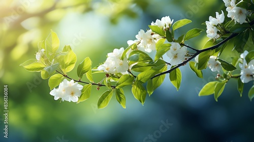 Close-up of white flowers blooming on a branch with green leaves.