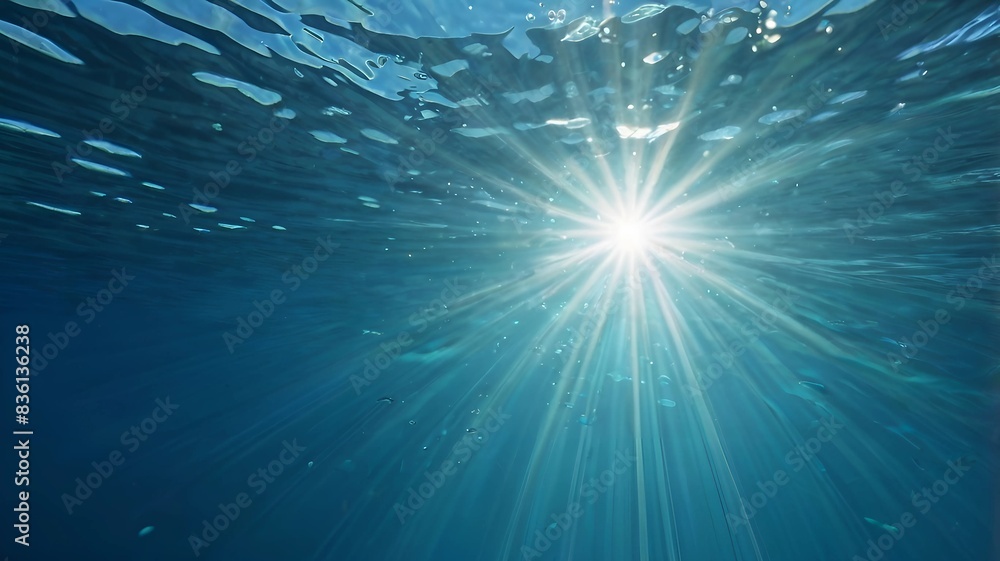 Sun shining light in blue clearly deep water, sunbeams illuminate the blue underwater sea scene, background 8k Sun shining light in blue clearly deep water, sunbeams illuminate the blue underwater sea scene, background 8k