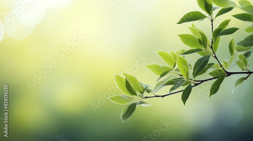 Close-up of green leaves on a branch against a blurred background of sunlight and nature.