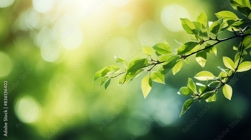 Sunlight through green leaves on a tree branch, with a blurred background. Sunlight through green leaves on a tree branch, with a blurred background.