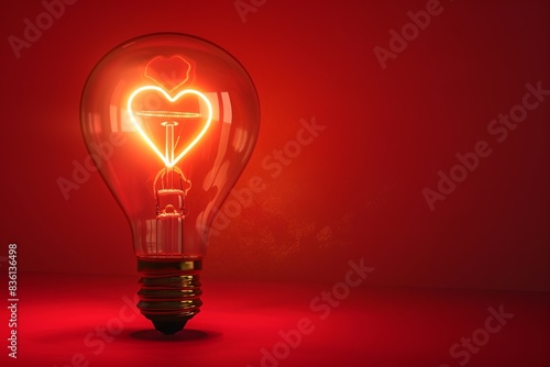 light bulb with glowing heart shape inside on red background
