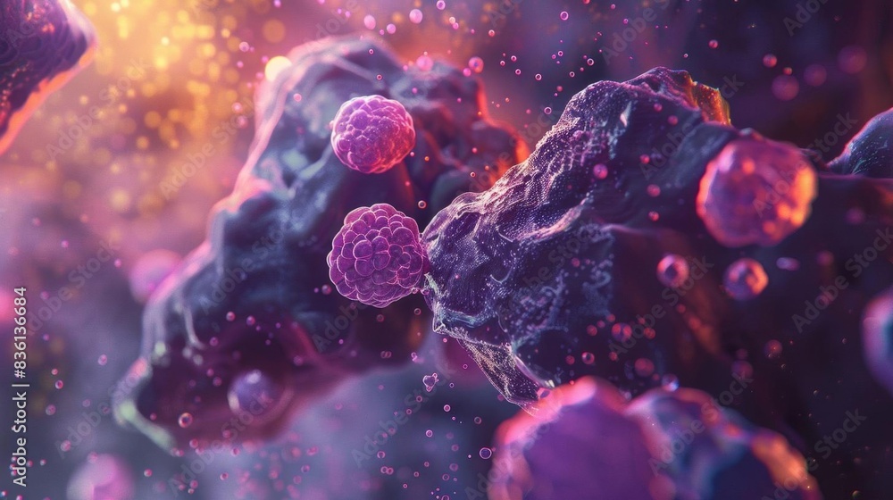 Fototapeta premium Close-up of vibrant, microscopic organisms in a colorful, abstract environment, showcasing intricate details and textured surfaces.
