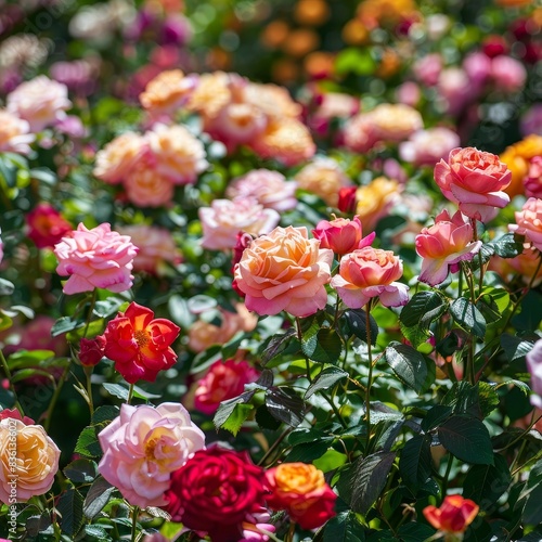 Vibrant garden filled with blossoming roses in various colors, including red, pink, and orange, capturing the beauty of nature in full bloom.