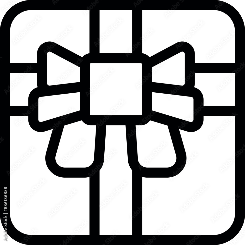 Simplistic line art icon of gift box with a decorative bow in black and white Simplistic line art icon of gift box with a decorative bow in black and white