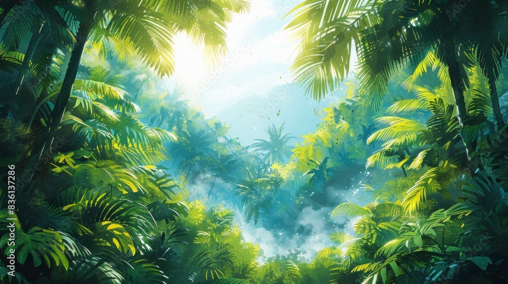 Wallpaper pattern of tropical vegetation in watercolor, showcasing vibrant palm trees and exotic plants. AI Generative. Wallpaper pattern of tropical vegetation in watercolor, showcasing vibrant palm trees and exotic plants. AI Generative.