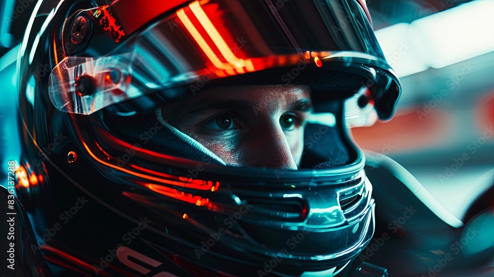 Focused Race Car Driver in Helmet Focused Race Car Driver in Helmet