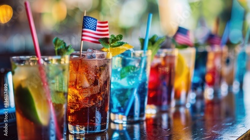 Patriotic Cocktail Lineup: Colorful Red, White, and Blue Drinks with American Flags © Nakarin