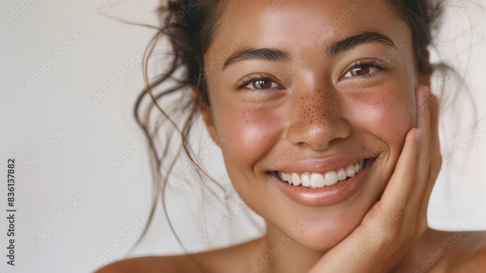 A beautiful woman smiling with her hands on the face on white background. A beautiful woman smiling with her hands on the face on white background.