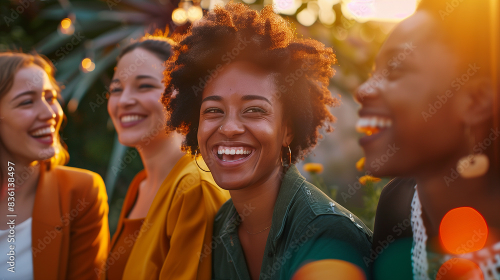 Multi ethnic group of friends socialising. Diverse ethnicities in work colleagues having after works drinks in the city. Young millenial females having fun outdoors in summer evenings. AI Generated. Multi ethnic group of friends socialising. Diverse ethnicities in work colleagues having after works drinks in the city. Young millenial females having fun outdoors in summer evenings. AI Generated.