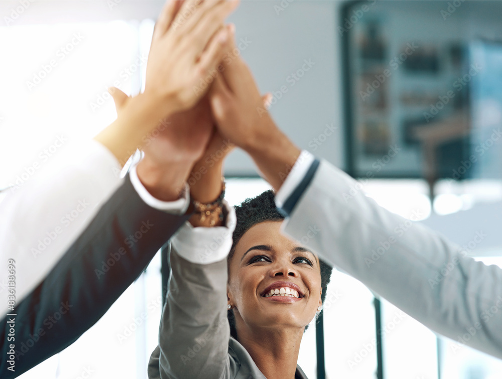 Woman, hands and diversity for success in high five for business or project as lawyer in corporate. Teamwork, celebration and workplace with happy, winning or collaboration in career as professional Woman, hands and diversity for success in high five for business or project as lawyer in corporate. Teamwork, celebration and workplace with happy, winning or collaboration in career as professional