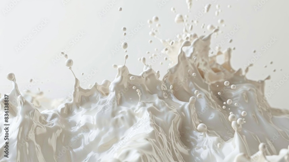 Dynamic splash of white liquid creating abstract forms and shapes against a neutral background, conveying movement and energy.