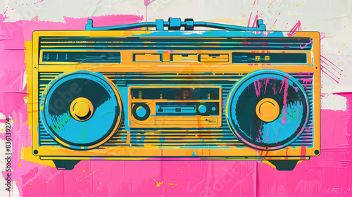 pop art style illustration of an old school boombox with large speakers, Generative AI