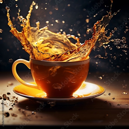 cup of splashing tea isolated on colorful background.