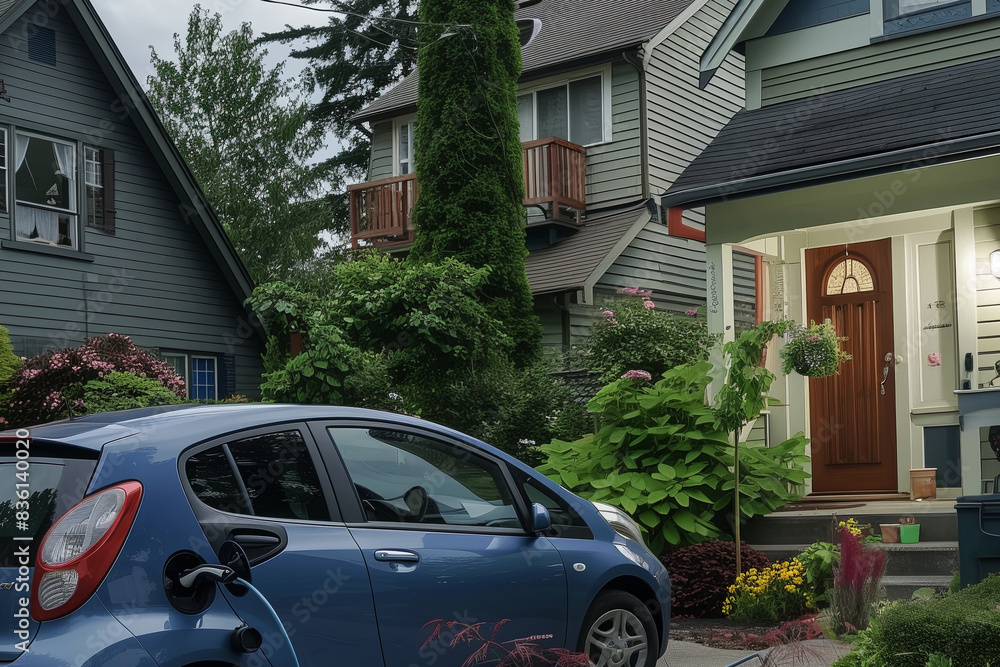 Fototapeta premium Blue electric car is charging in front of a suburban home