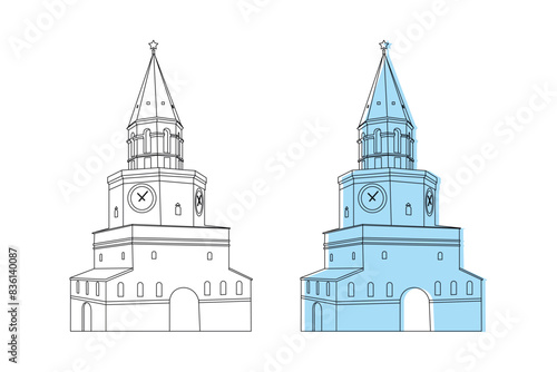 Vector image of the Spasskaya Tower in Kazan, Russia. Outline and silhouette.