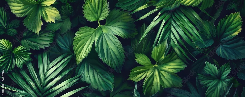 Lush green tropical leaves creating a natural and vibrant jungle foliage pattern, perfect for nature-themed backgrounds and designs. Lush green tropical leaves creating a natural and vibrant jungle foliage pattern, perfect for nature-themed backgrounds and designs.