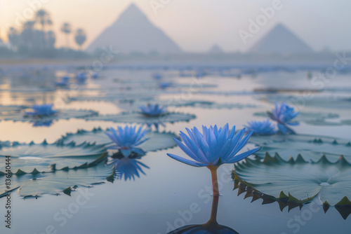 Delicate Blue Lotus Floating on Nile River with Ancient Pyramids in Background photo