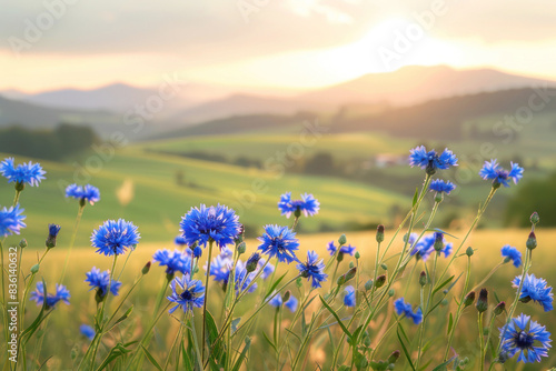 Vivid Blue Cornflowers in Picturesque German Countryside with Rolling Hills