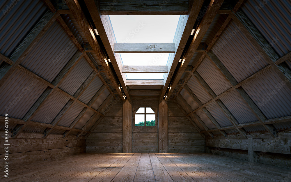 Empty wooden attic structure with skylight.3d rendering