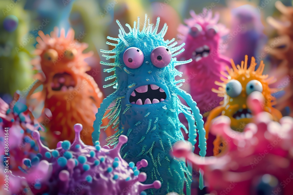 A colorful bacteria character friendly faces, high detail, imaginative design, educational concept A colorful bacteria character friendly faces, high detail, imaginative design, educational concept