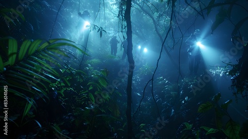 Amidst the dense foliage of a tropical mountainside, rescuers navigate a narrow path, their headlamps casting beams of light through the thick underbrush. photo