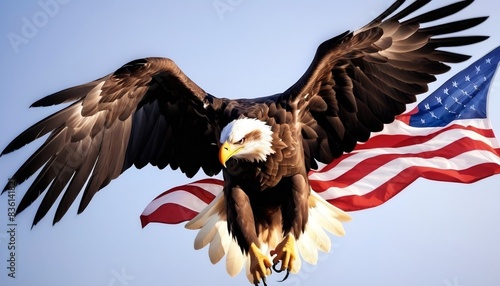 Eagle With American Flag Flies In Freedom, Ideal for showing love for the country or as a gift to veterans or military personnel, digital illustration created with generative ai.