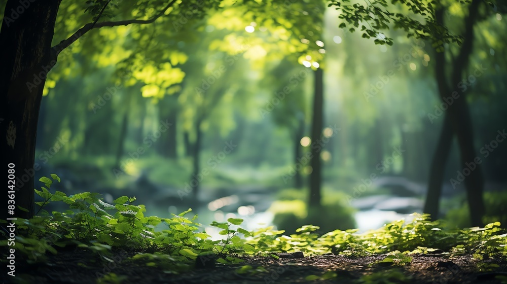 Obraz premium Sunlight streams through a lush, green forest, illuminating the vibrant foliage.