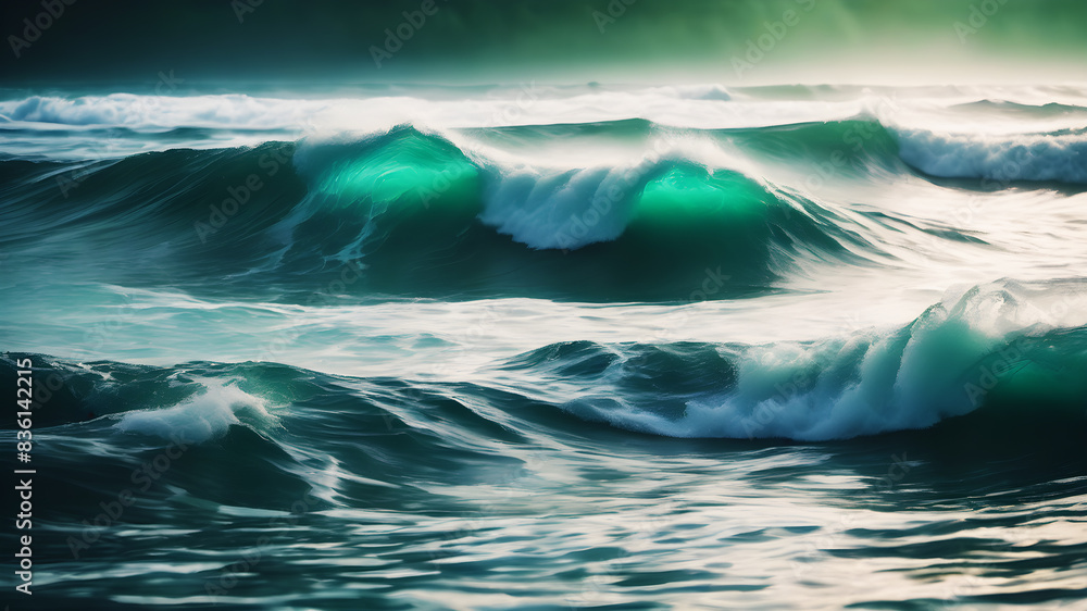 Create an abstract background with flowing, ethereal waves in shades of blue and green. The waves should have a smooth, fluid motion, blending seamlessly into each other, with occasional hints of whit Create an abstract background with flowing, ethereal waves in shades of blue and green. The waves should have a smooth, fluid motion, blending seamlessly into each other, with occasional hints of whit