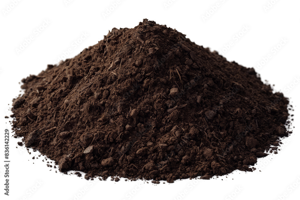 A large heap of fertile brown soil presented on a transparent, white background, png, depicting gardening A large heap of fertile brown soil presented on a transparent, white background, png, depicting gardening