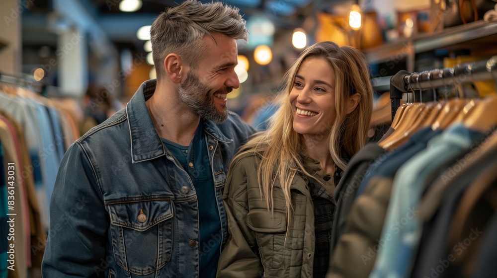couple smiles at each other in a clothing store couple smiles at each other in a clothing store