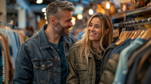couple smiles at each other in a clothing store